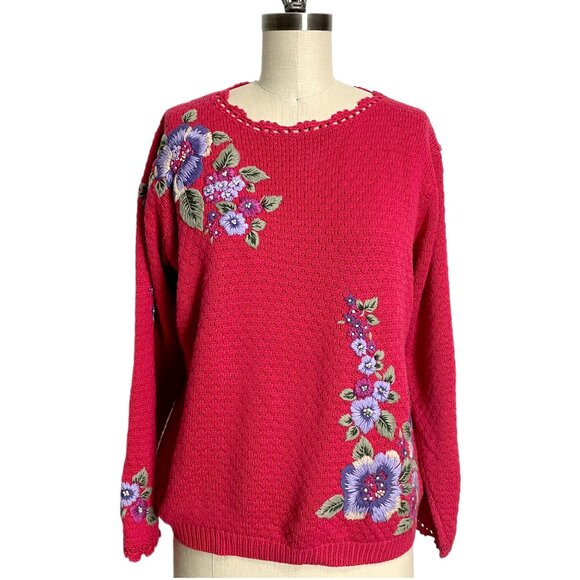 Vintage Herman Geist pink sweater with hand embroidered flowers – size M - Picture 1 of 10